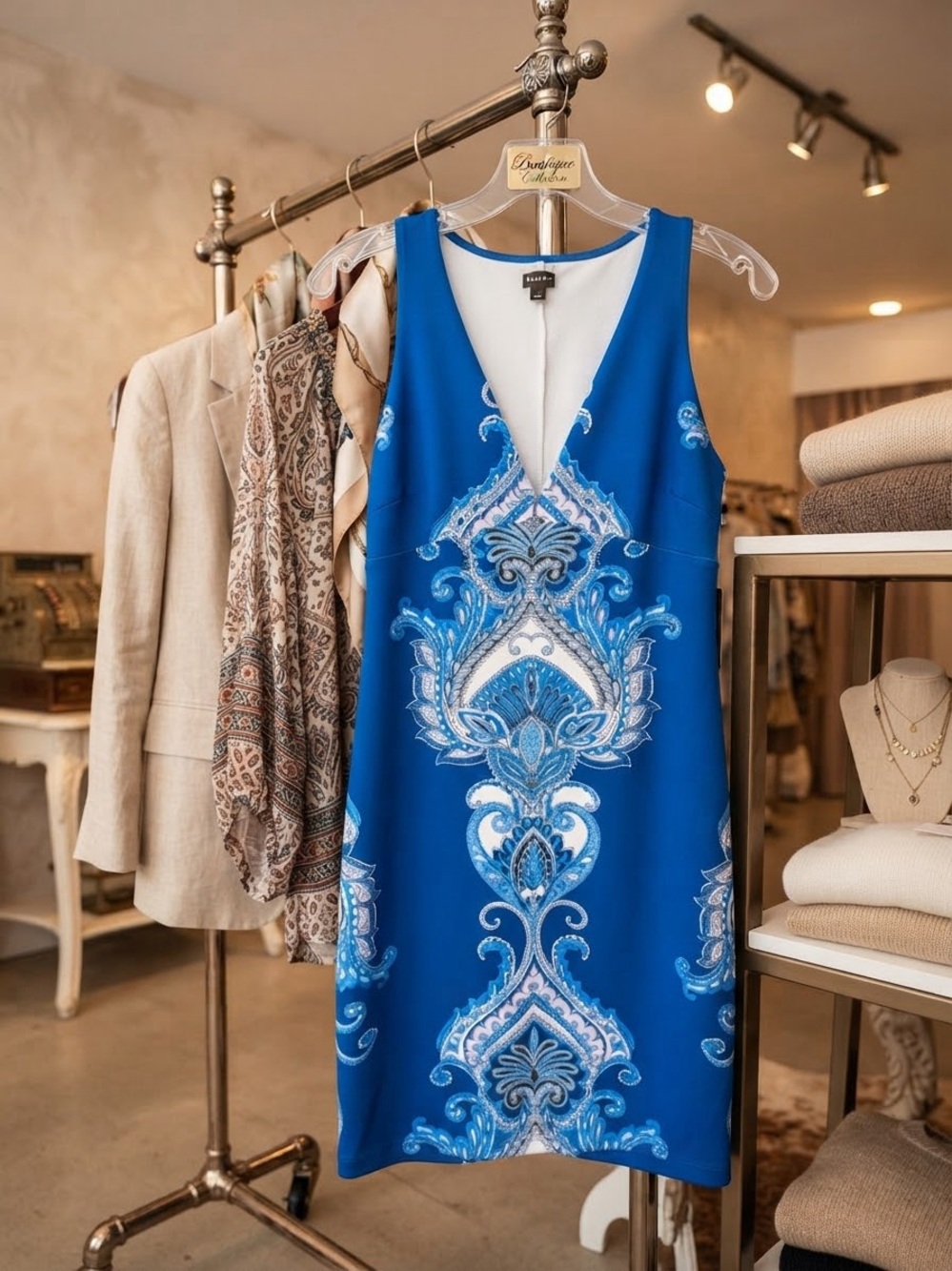 Vivid Blue Sleeveless Midi Dress with Ornate Print